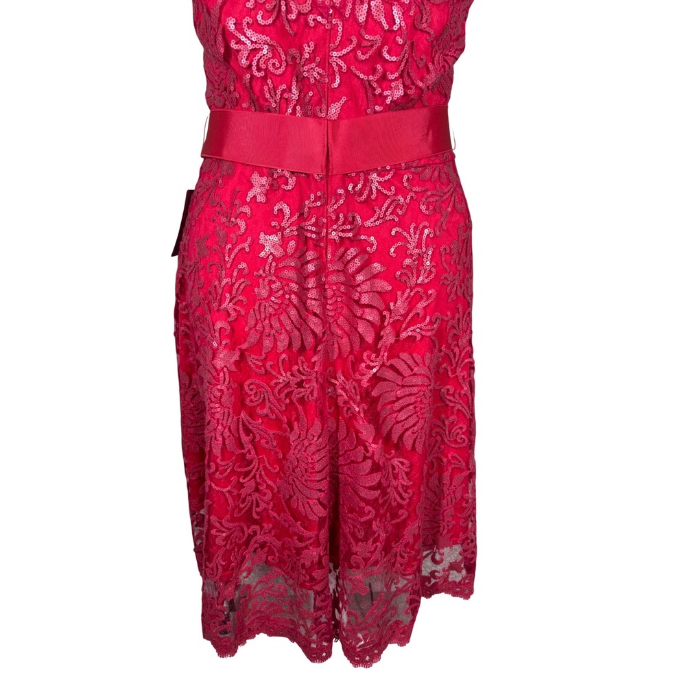 Tadashi Shoji Dress Womens 16 Red Sequin Lace Illusion Ribbon Belt Cocktail New - Picture 7 of 13